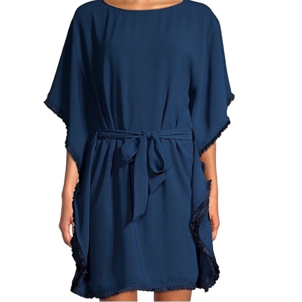NWT Trina Turk Ray Fringe Navy Blue  Dress Size Small Tie Waist Midi Dress